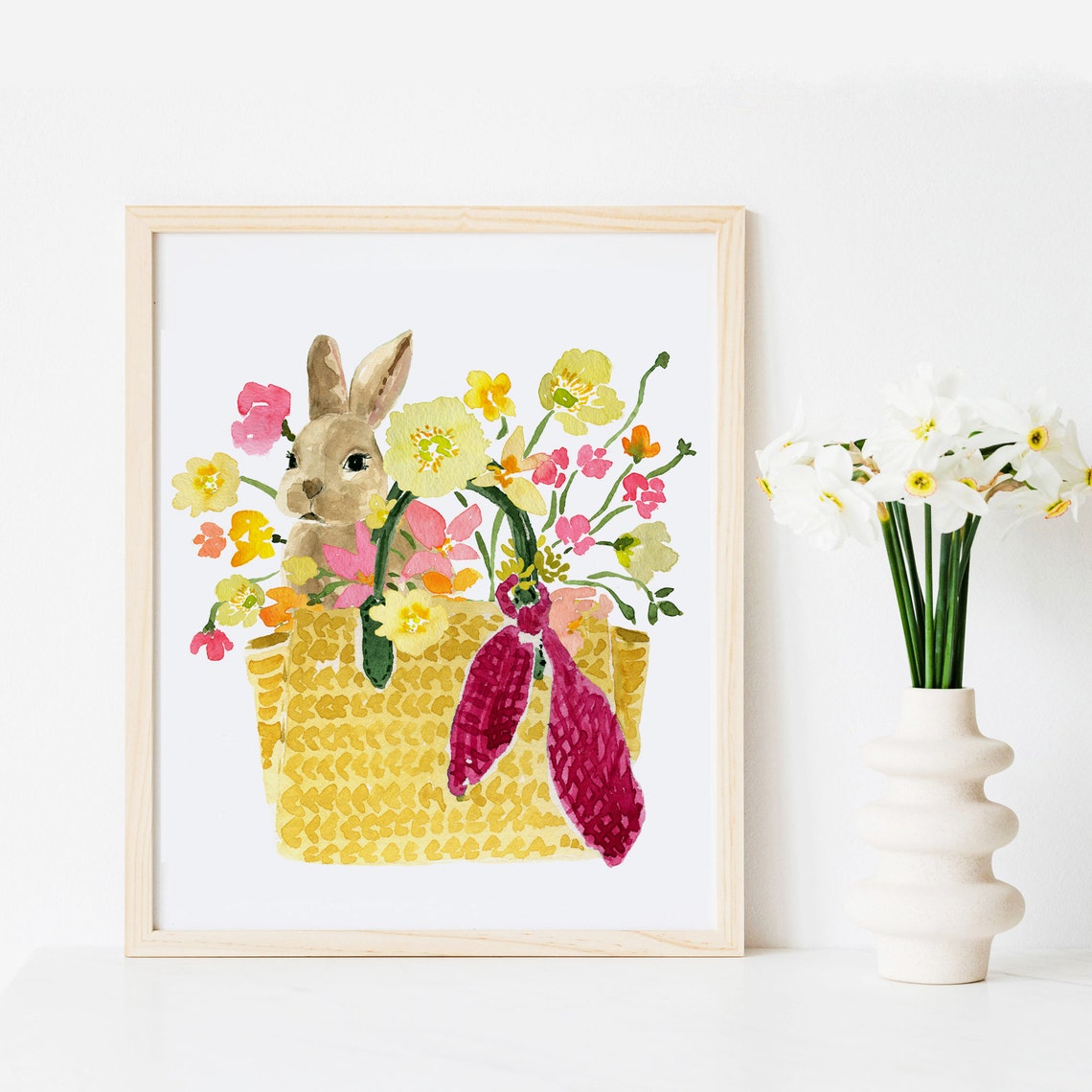 Watercolor Bunny with Flower Basket and Bow Spring Art Poster - Image 3