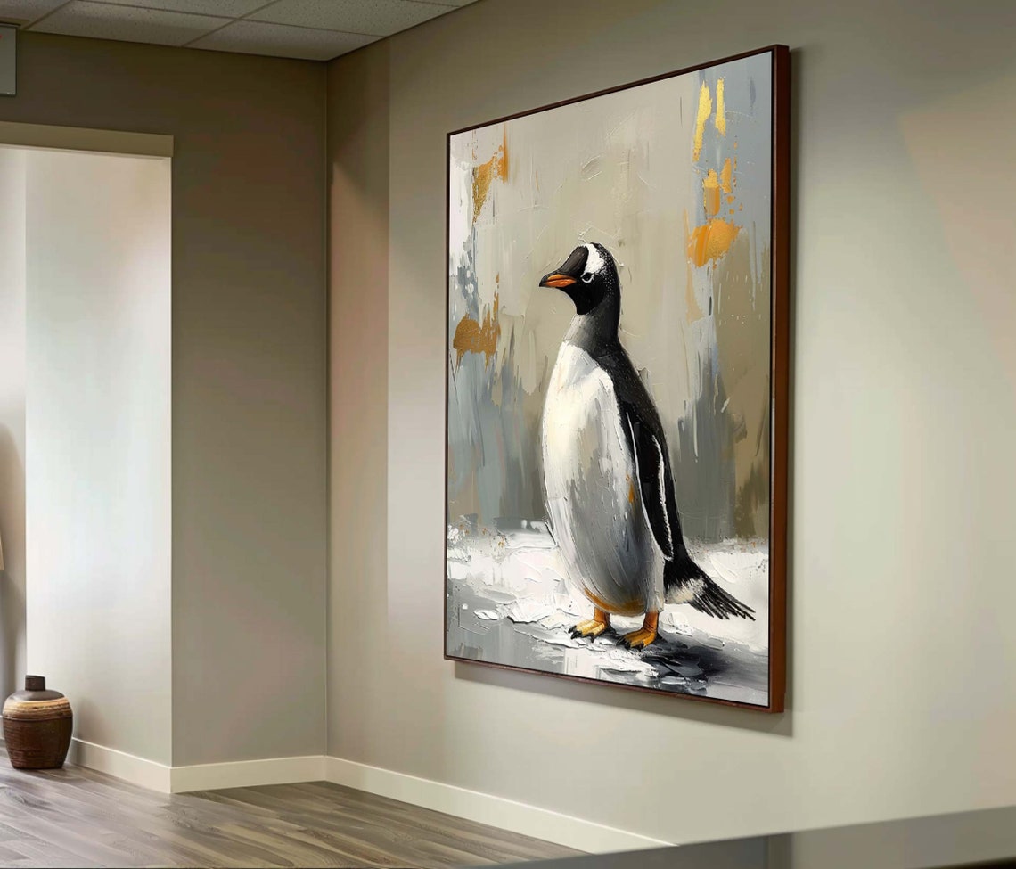 Elegant Penguin With Gold Accents Textured Oil Painting Art Poster - Image 3