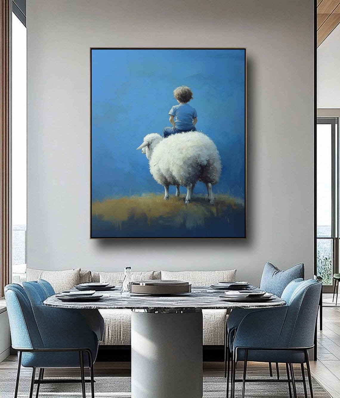 Child Riding Fluffy Sheep Blue Surreal Whimsical Animal Art Print - Image 3