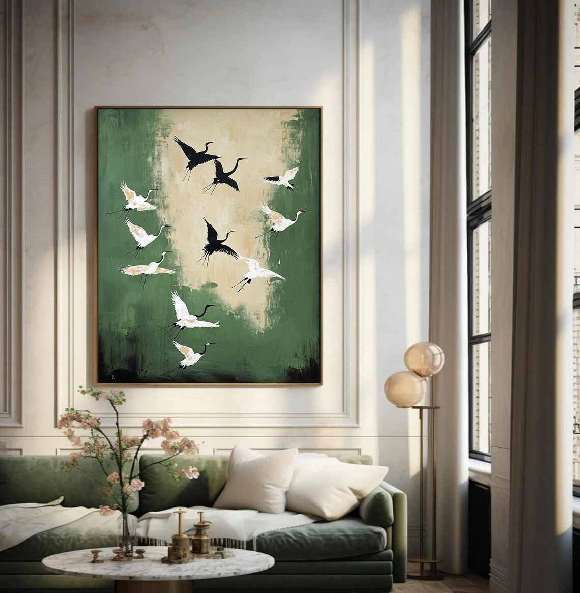 Birds Abstract Painting Green Oil Painting Beige Wabisabi Wall Art Green Beige Abstract Painting Neutral Wall Decor Green Beige Wall Art - Image 2