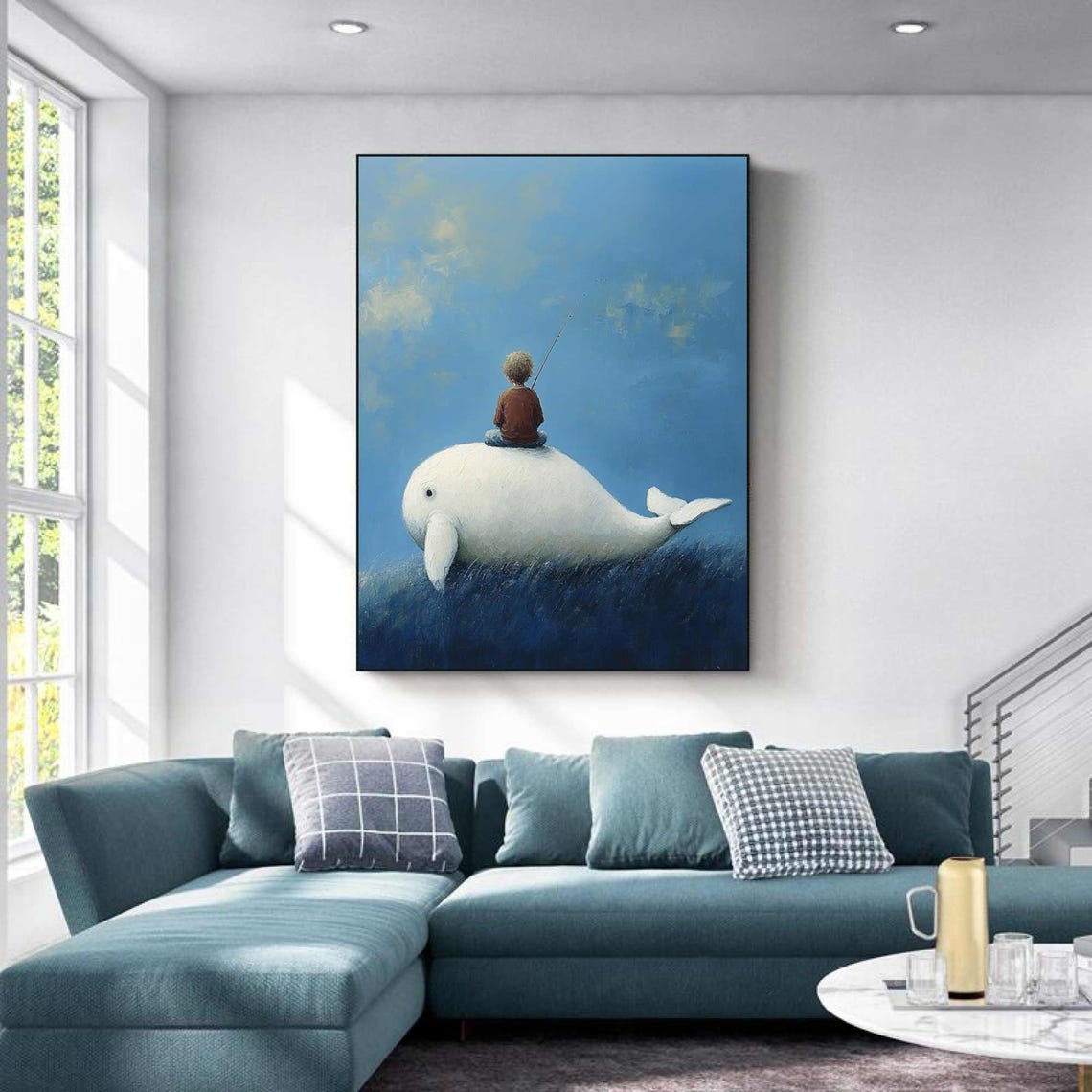 Boy Fishing on White Whale Surreal Ocean Dream Voyage Art Print - Image 3