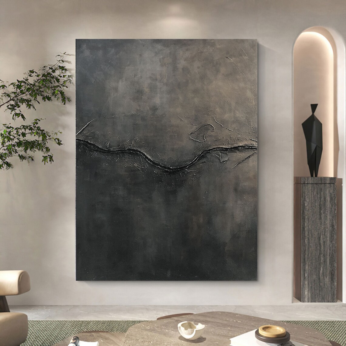 Black Grey Textured Horizon Line Wabi Sabi Dark Abstract Print - Image 2