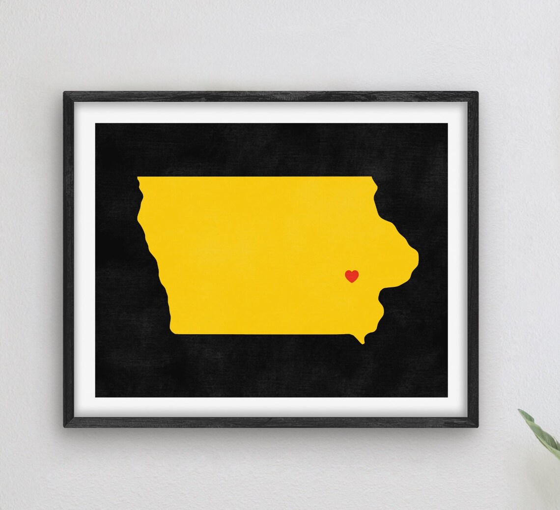Gold Iowa State Silhouette With a Red Heart Personalized Home State Poster