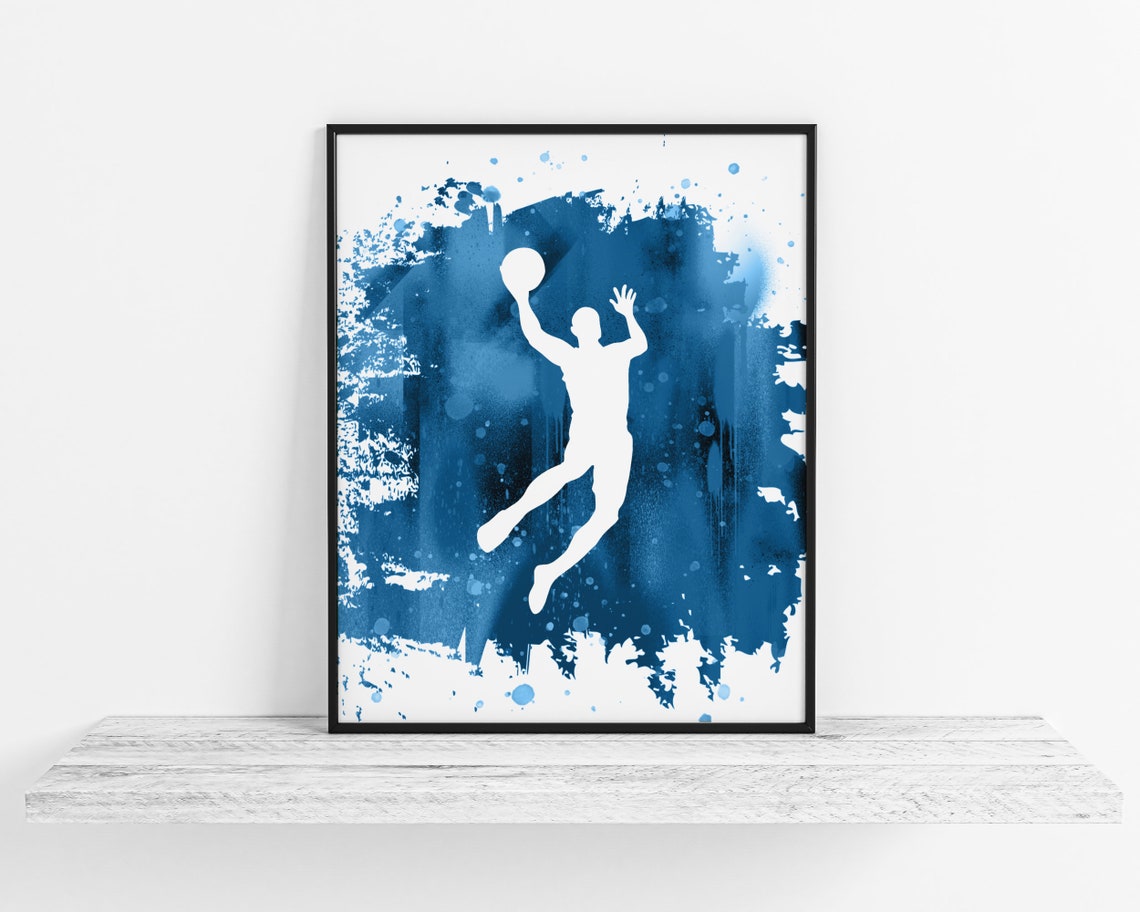 Basketball Player Jump Shot Silhouette Blue Splash Sports Poster