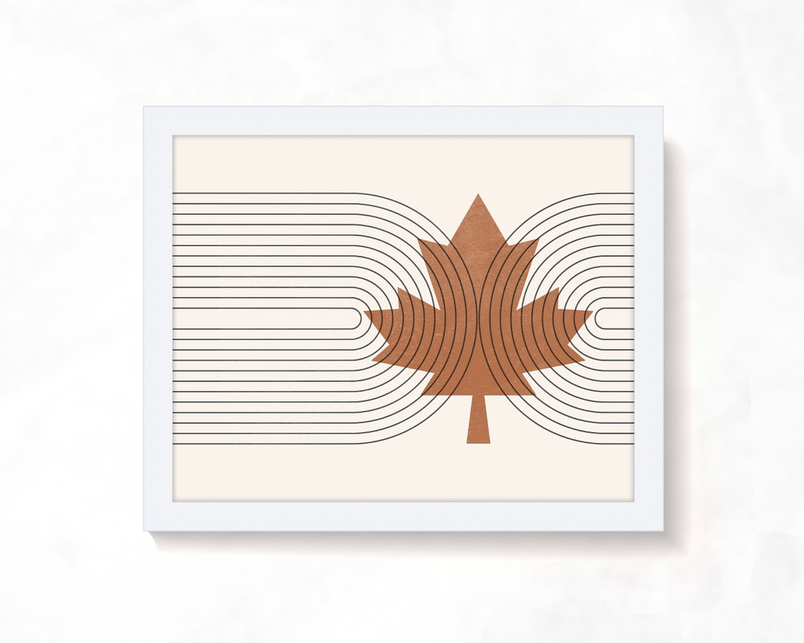 Maple Leaf Mid Century Modern Poster with Line Arches Terracotta