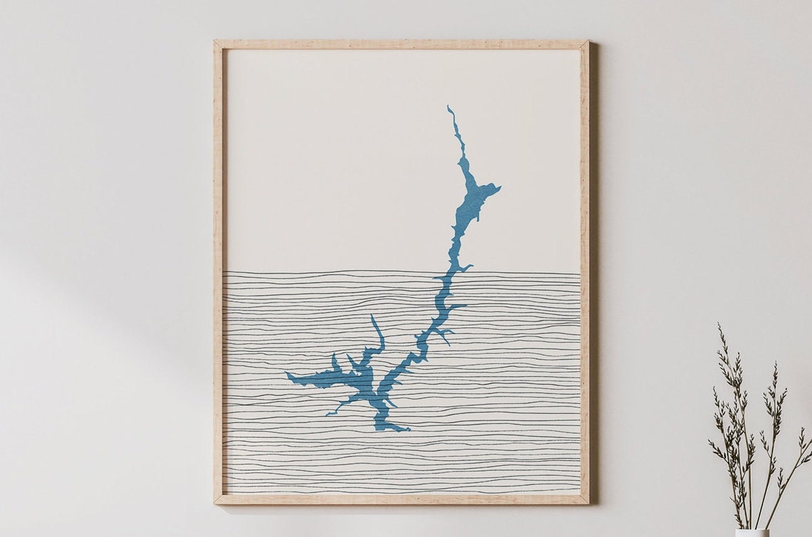 Minimalist Blue Trinity Lake Map Silhouette With Line Waves Poster