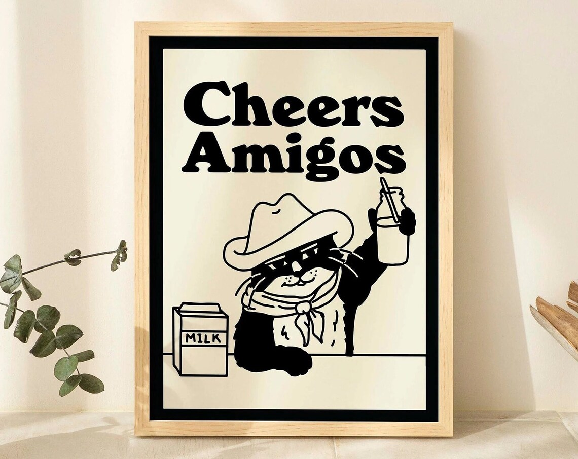 Cheers Amigos Retro Cowboy Cat Art Print