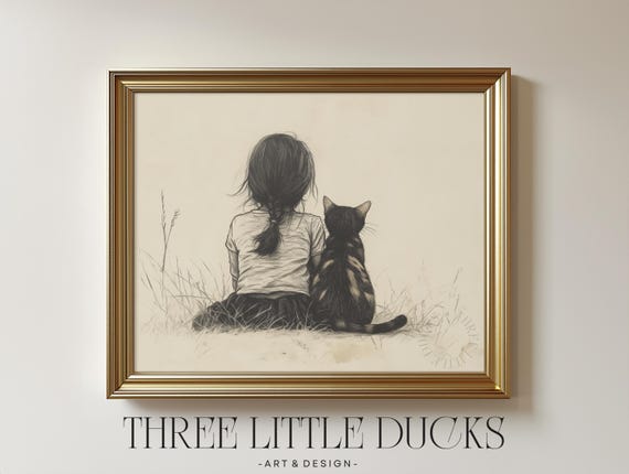 Vintage Girl With Tortoiseshell Cat, Minimalist Art Print