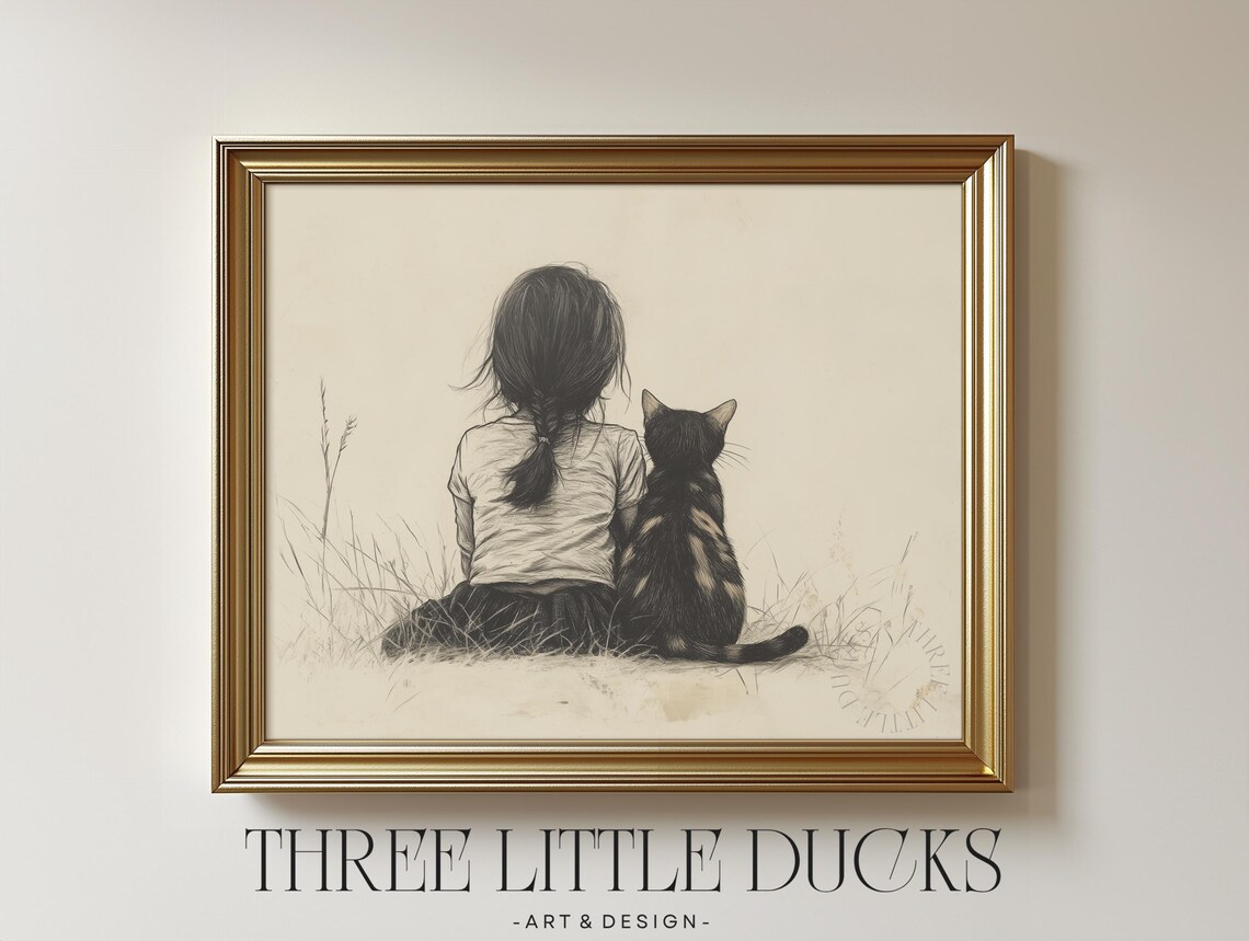 Vintage Girl With Tortoiseshell Cat, Minimalist Art Print