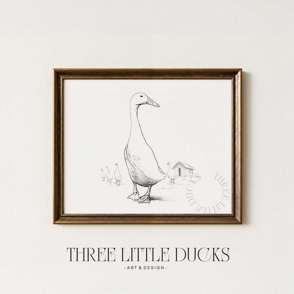 White Runner Duck With Ducklings Minimalist Sketch Farmhouse Poster