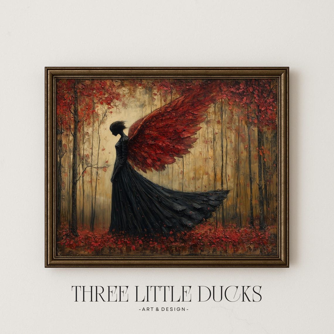 Dark Gothic Angel Red Wings Autumn Forest Fantasy Decorative Wall Art