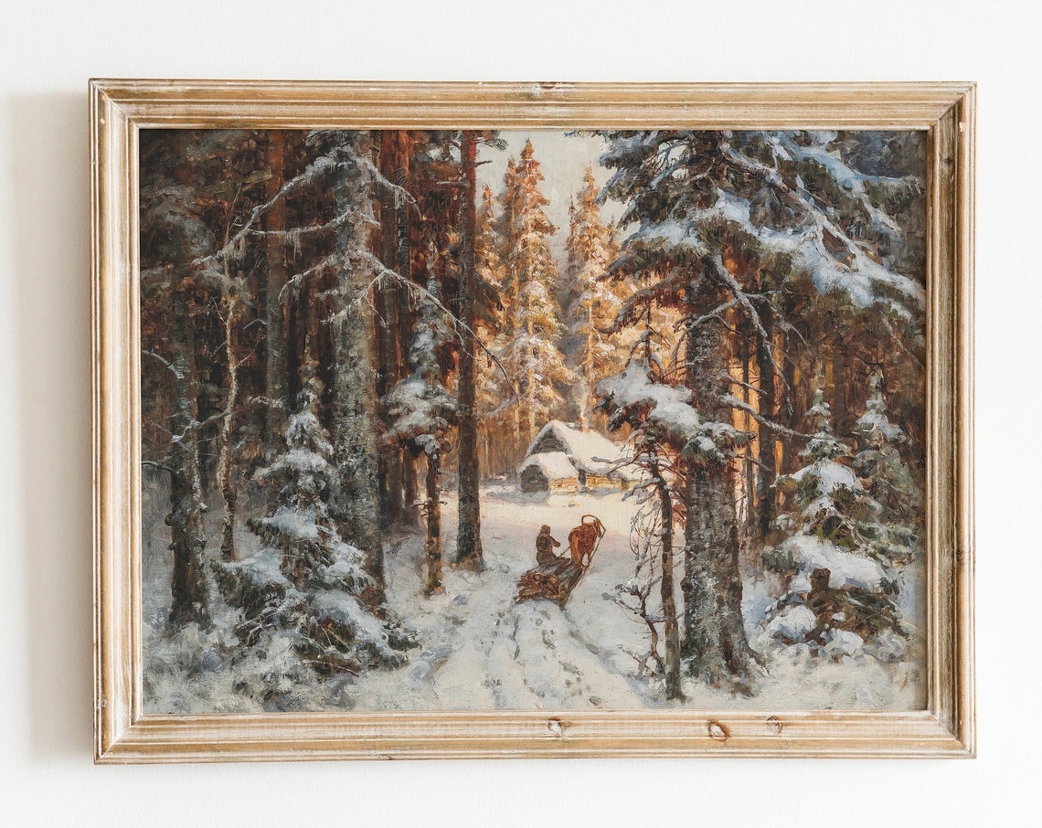 Snowy Pine Forest Sunset Horse Sled Golden Winter Woods Oil Print