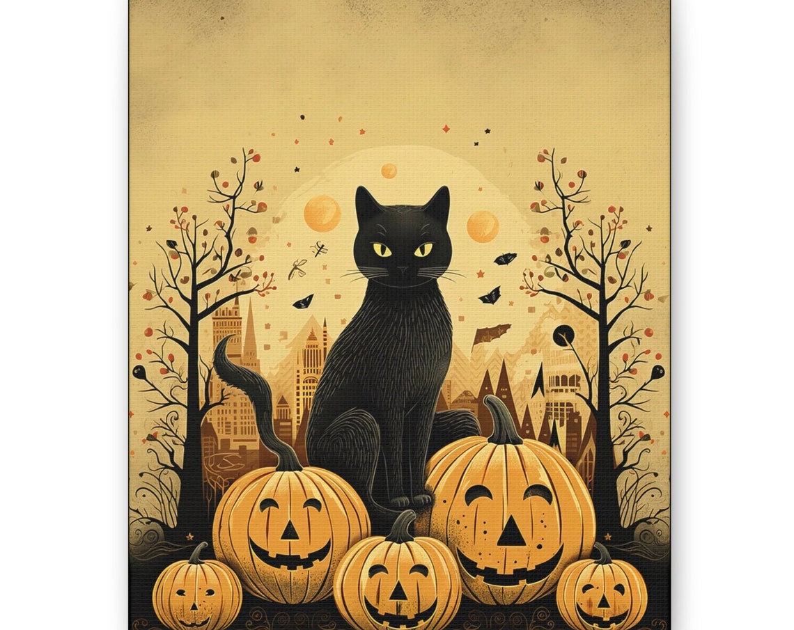 Black Cat With Jack O Lanterns Autumn Night Halloween Scene Poster