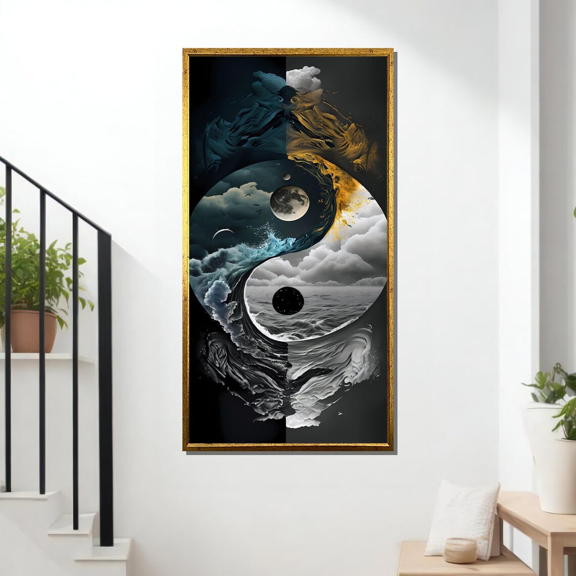 Yin Yang Cosmic Balance Ocean Moon Duality Art Print Wall Poster