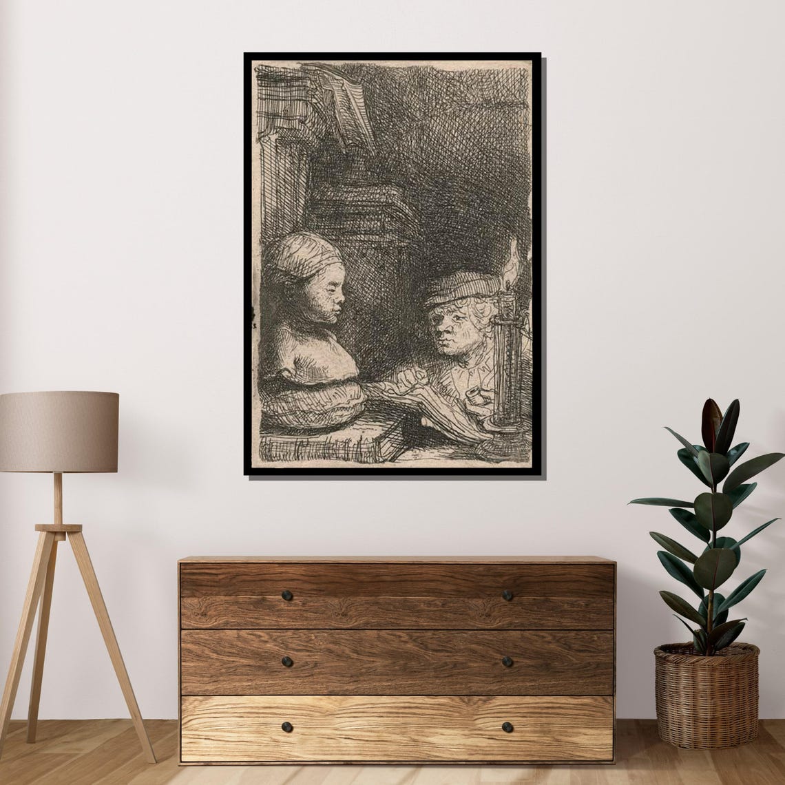 Classic Old Master Scholar With Bust Etching Baroque Candlelight Print - Image 4