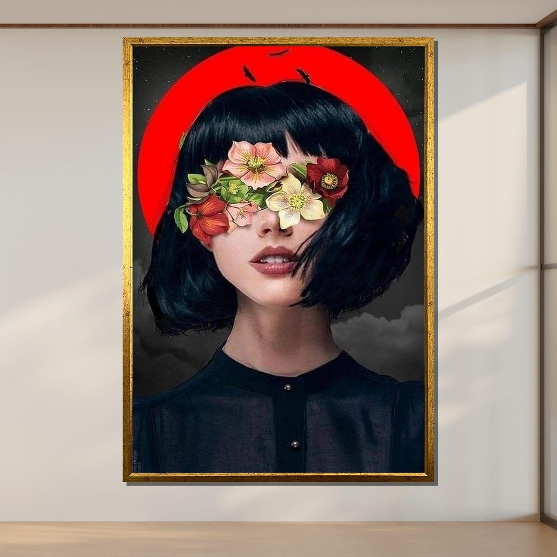 Surreal Floral Blindfold Woman Red Moon Dreamlike Dark Art Poster
