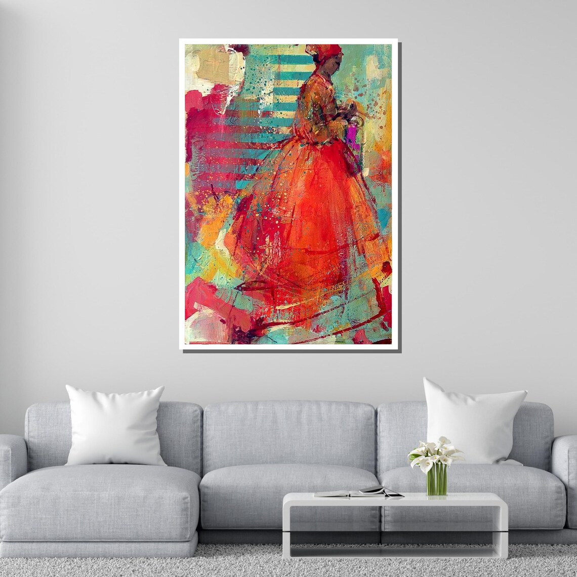 Vibrant Woman In Red Gown Abstract Expressionist Portrait Colorful Wall Poster - Image 2