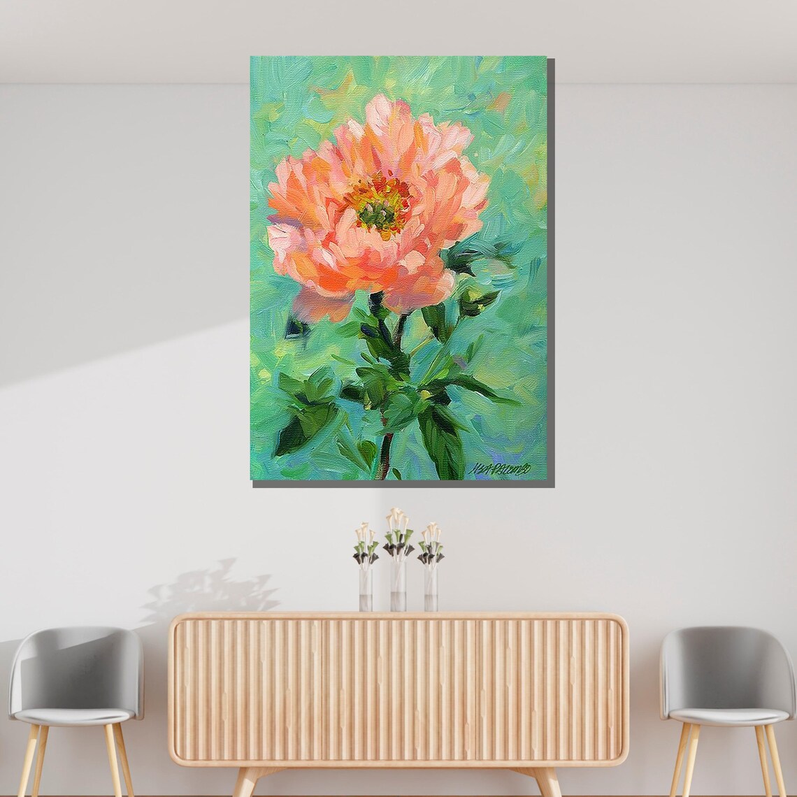 Pink Peony Bloom Impasto Floral Painting Coral Flower Botanical Poster - Image 3