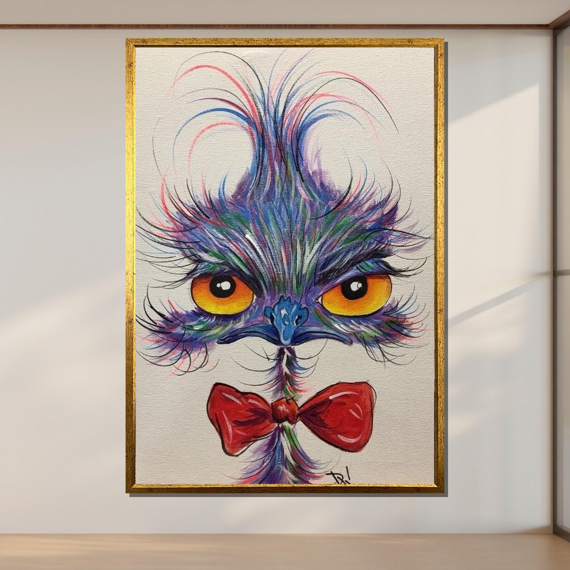 Quirky Ostrich With Red Bow Tie Colorful Bird Portrait Wall Poster