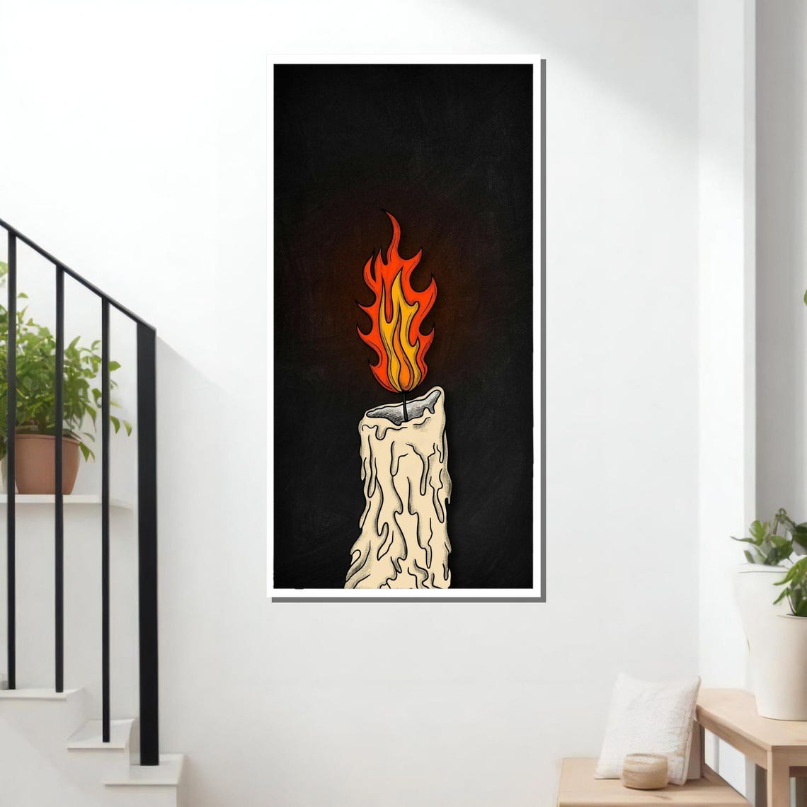 Burning Candle Dripping Wax Stylized Flame Dark Background Art Print - Image 3