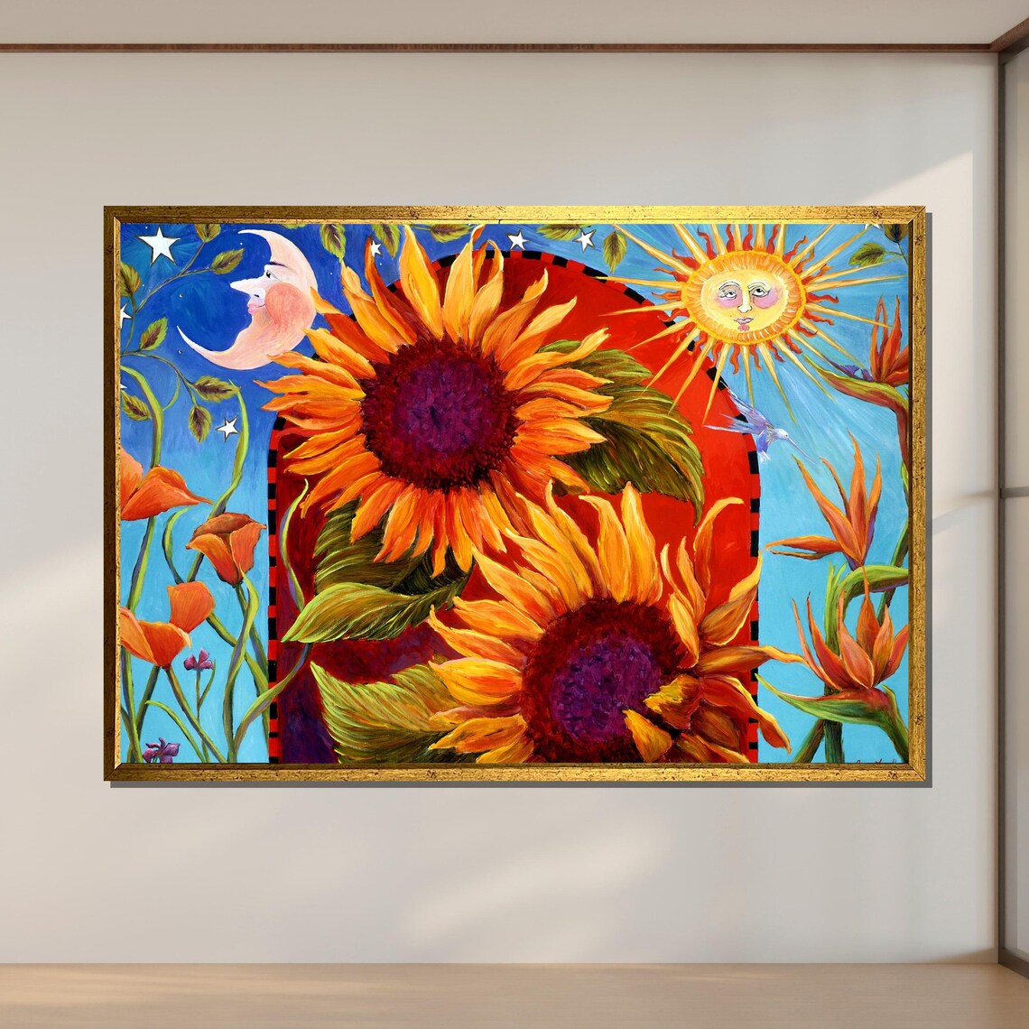 Whimsical Sunflower Folk Art Smiling Sun Moon Colorful Floral Poster - Image 2