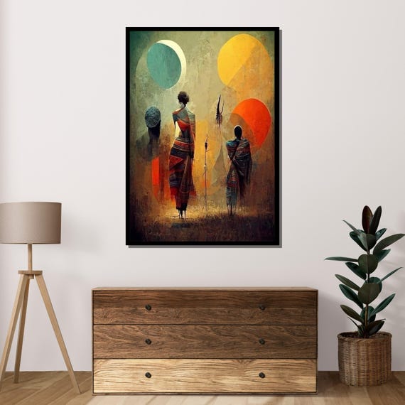 Abstract Tribal Figures Ethnic Art With Geometric Shapes Modern Wall Decor Ready To Hang