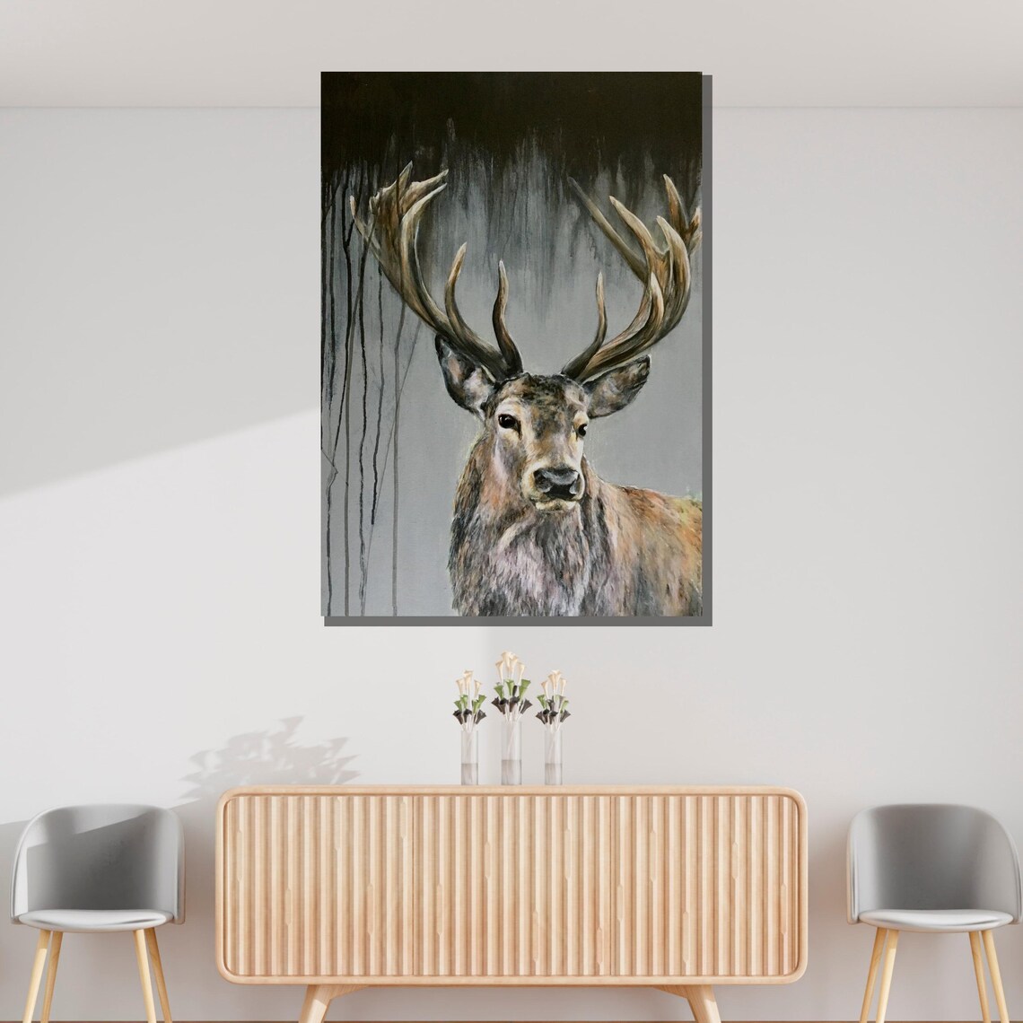 Majestic Deer Stag Large Antlers Grey Background Wildlife Art Portrait Poster - Image 3