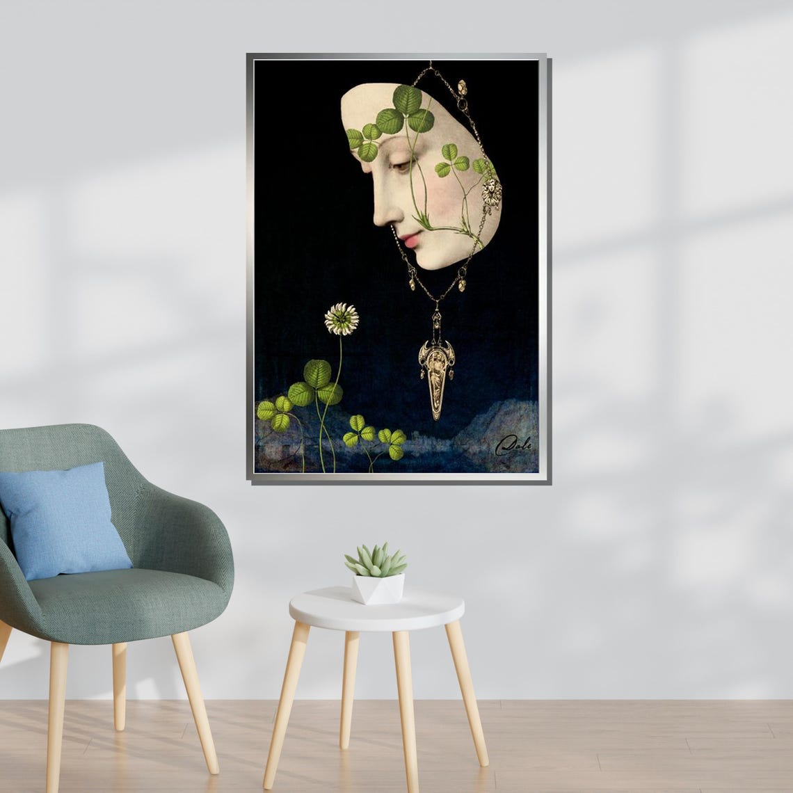 Enigmatic Clover Face Surreal Botanical Profile Pendant Art Print - Image 3