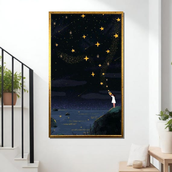 Starry Night Dream Art Girl Reaching For Stars Whimsical Night Sky Wall Print Inspirational Fantasy Decor Ready To Hang