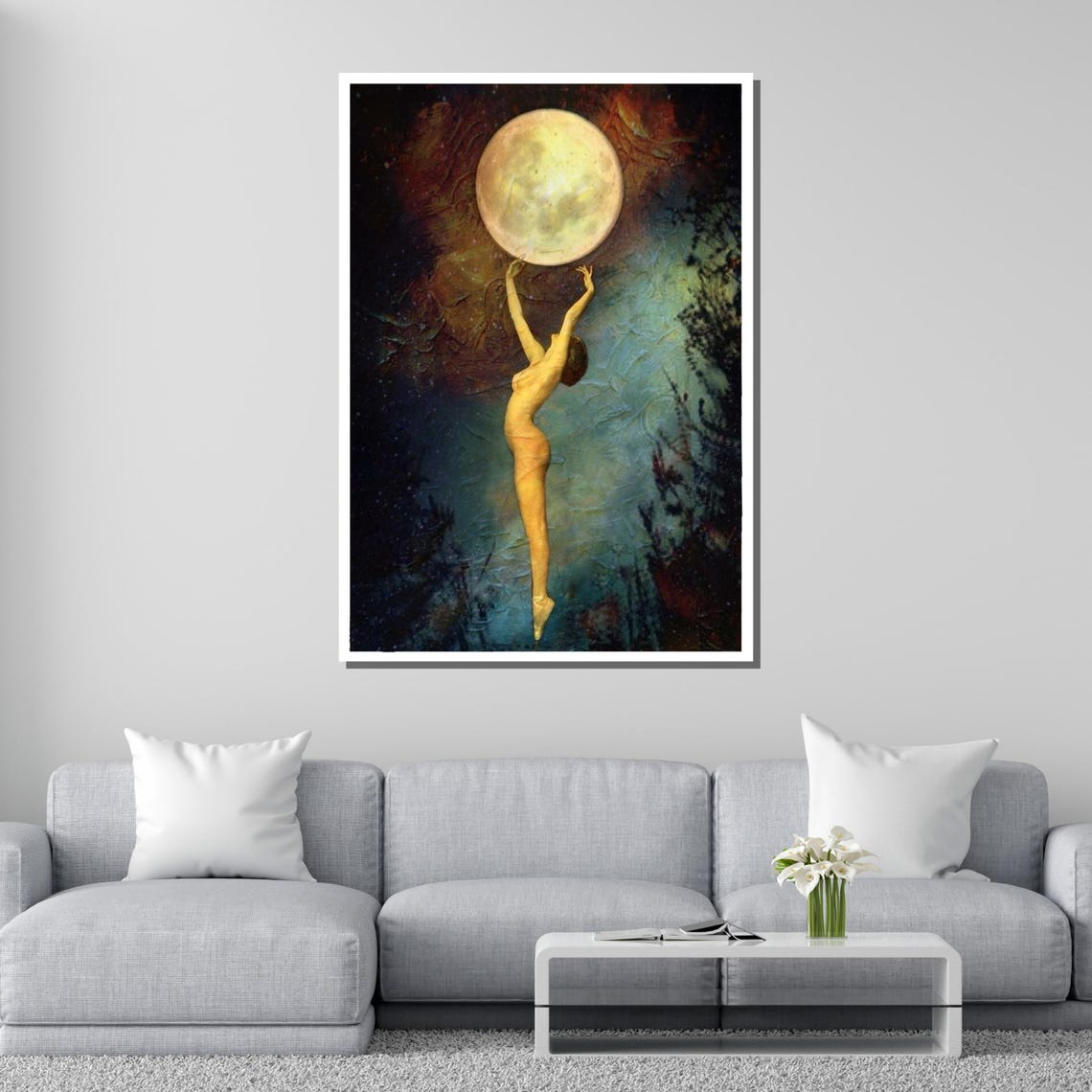 Dancing With The Moon Ethereal Nude Wall Art Surreal Fantasy Decor Dreamlike Night Design Ready To Hang - Image 2
