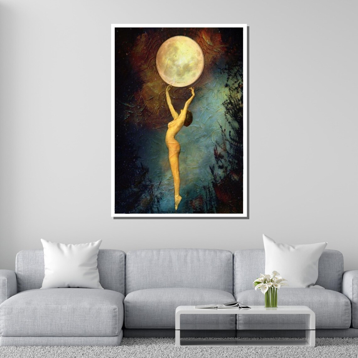 Ethereal Nude Dancer Reaching For Full Moon Night Sky Fantasy Art Poster - Image 2