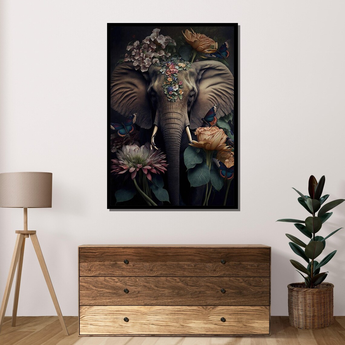 Floral Elephant Portrait Dark Botanical Wildlife Wall Art Poster - Image 4