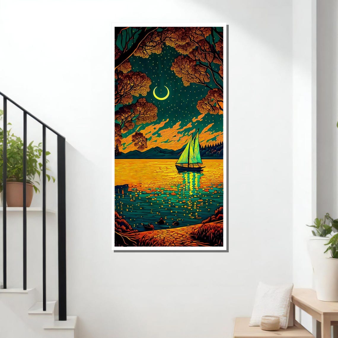 Moonlit Sailing Night Crescent Moon Golden Lake Nautical Art Poster - Image 3