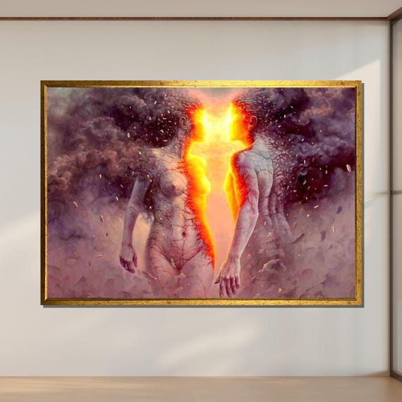 Fiery Passion Erotic Lovers Art Intense Connection Wall Art Nude Abstract Painting Ready To Hang