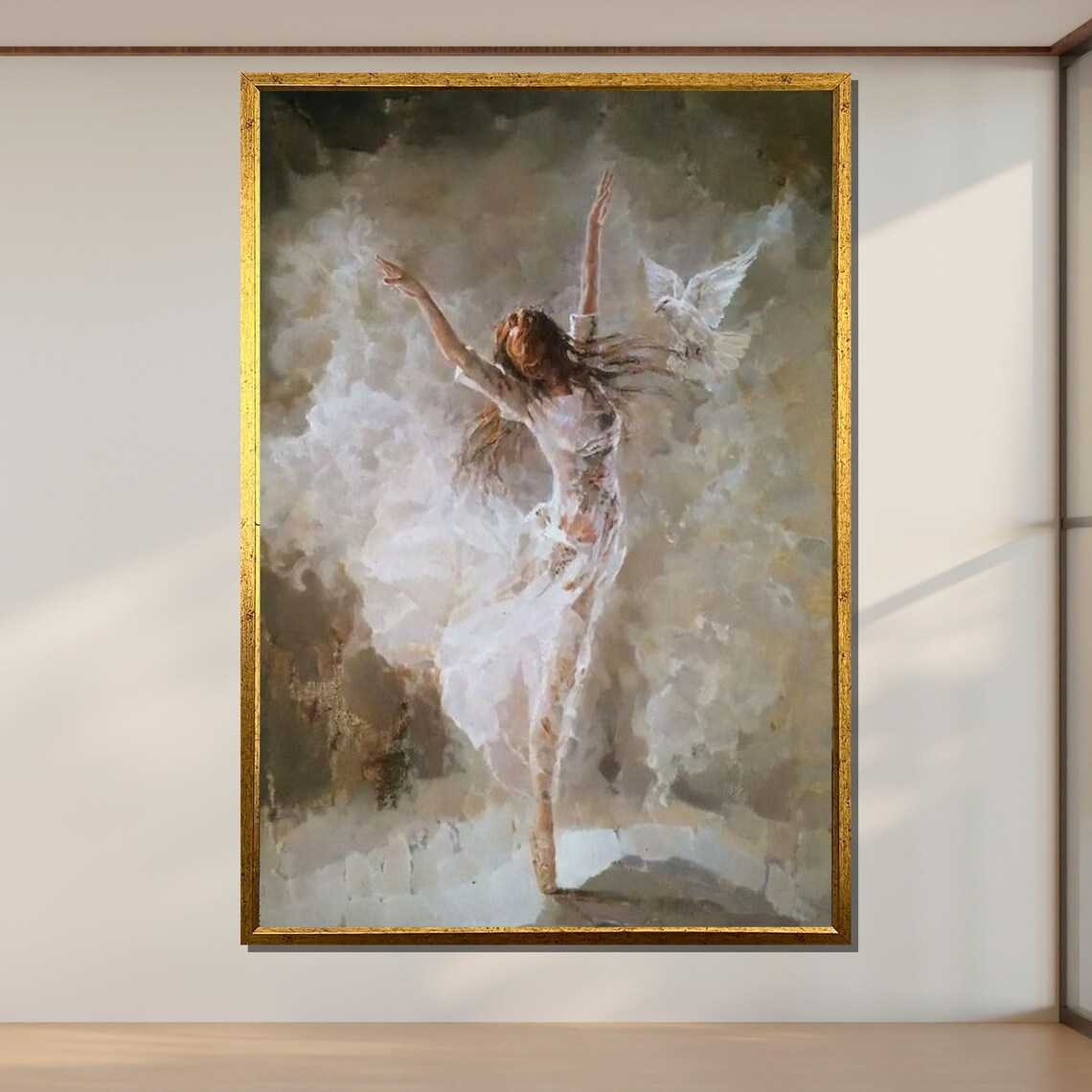 Graceful Ballet Dancer White Dress Dove Dreamy Dance Performance Poster