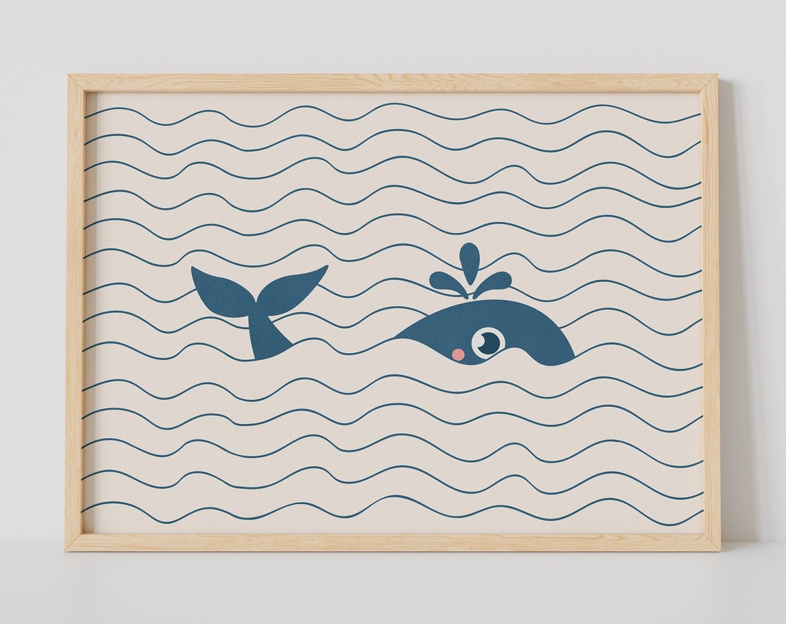 Boy Nursery Decor Blue Whale Art Poster Cute Wall Art Horizontal Print Funny Wall Art Playroom Decor Funny Bathroom Art