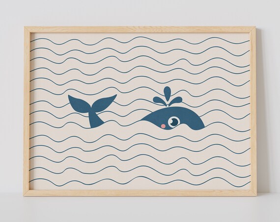 Cute Blue Whale Nursery Minimal Line Art Kids Ocean Waves Print