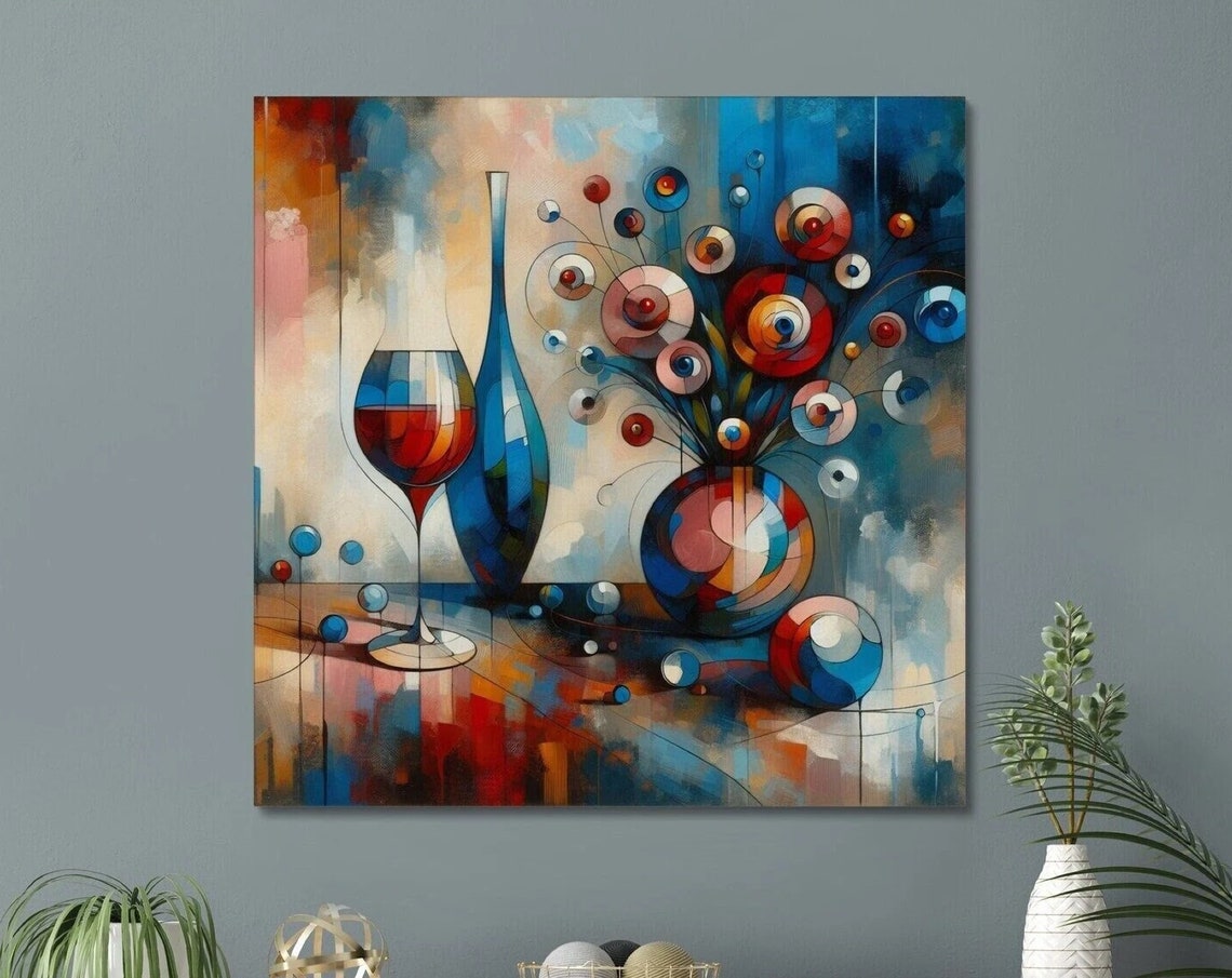 Abstract Wine Glass and Floral Explosion Blue Red Modern Art Poster