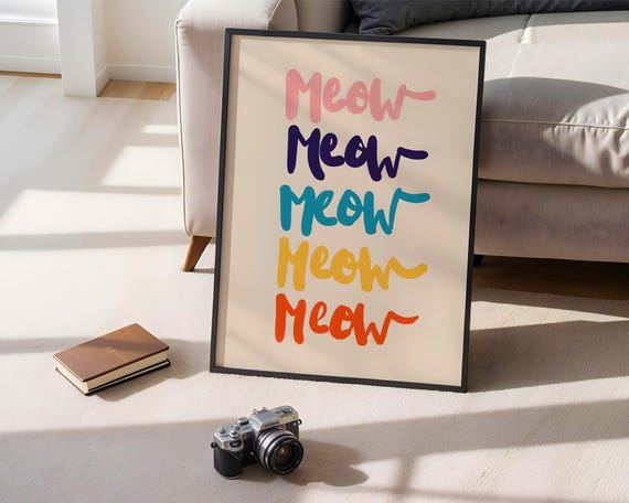 Colorful Meow Cat Art Print Retro Repeated Typographic Poster Funny Kitty Lover Gift Playful Dopamine Decor Cute Dorm Room Wall
