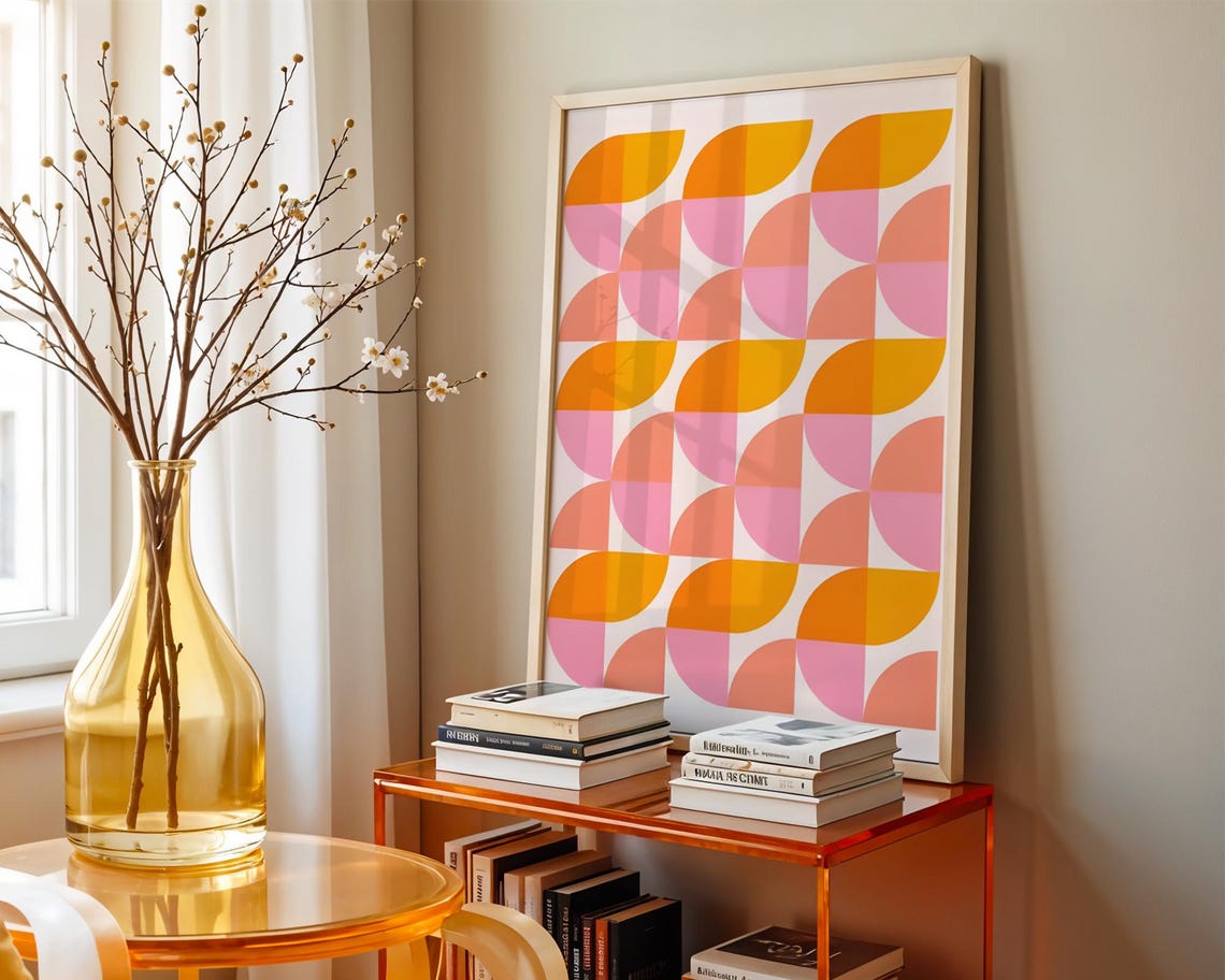 Retro Pink Orange Geometric Semicircle 70s Style Pattern Poster