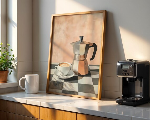 Retro Moka Pot Espresso Still Life Checkerboard Kitchen Art Poster