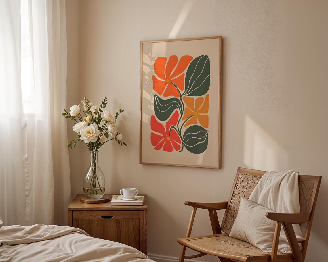 Retro 70s Floral Art Print, Mid Century Modern Botanical