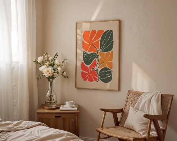 Retro 70s Floral Art Print, Mid Century Modern Botanical