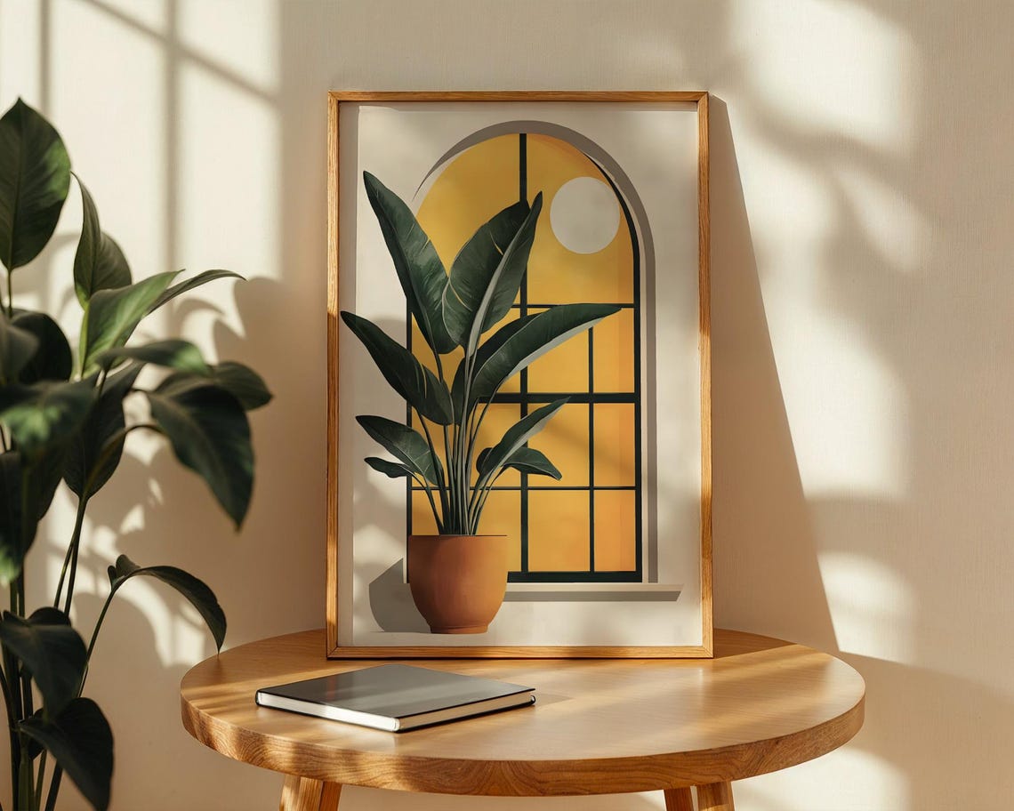 Bird Of Paradise Plant Arched Window Yellow Sun Boho Botanical Poster