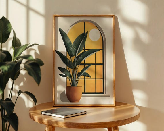 Bird Of Paradise Plant Window Art Print Boho Terracotta Pot Poster Golden Sunset Arch Wall Decor Mid Century Botanical Gift Idea