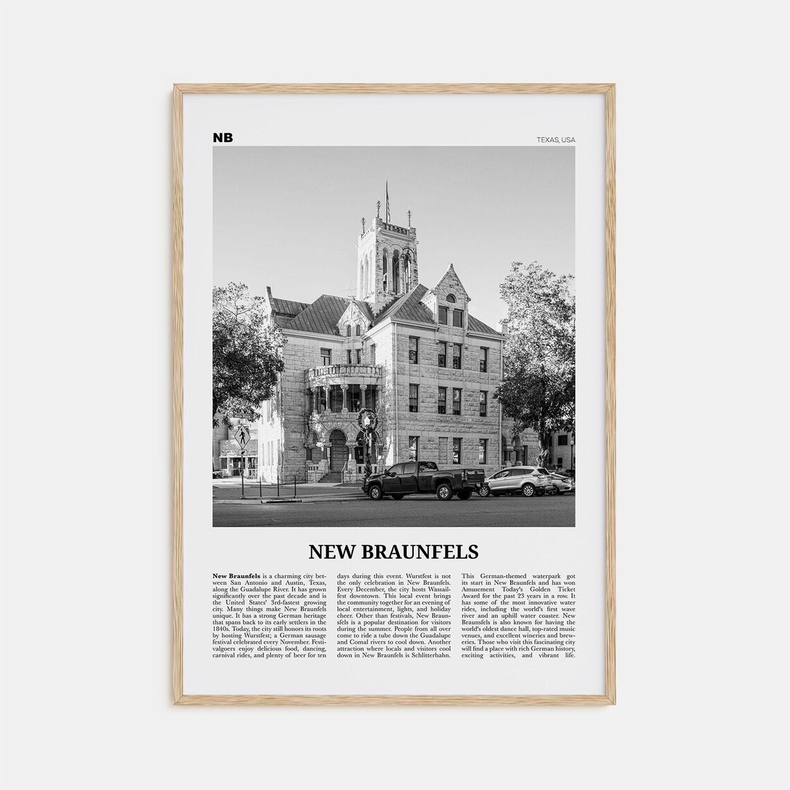 New Braunfels Black and White Map Art Print