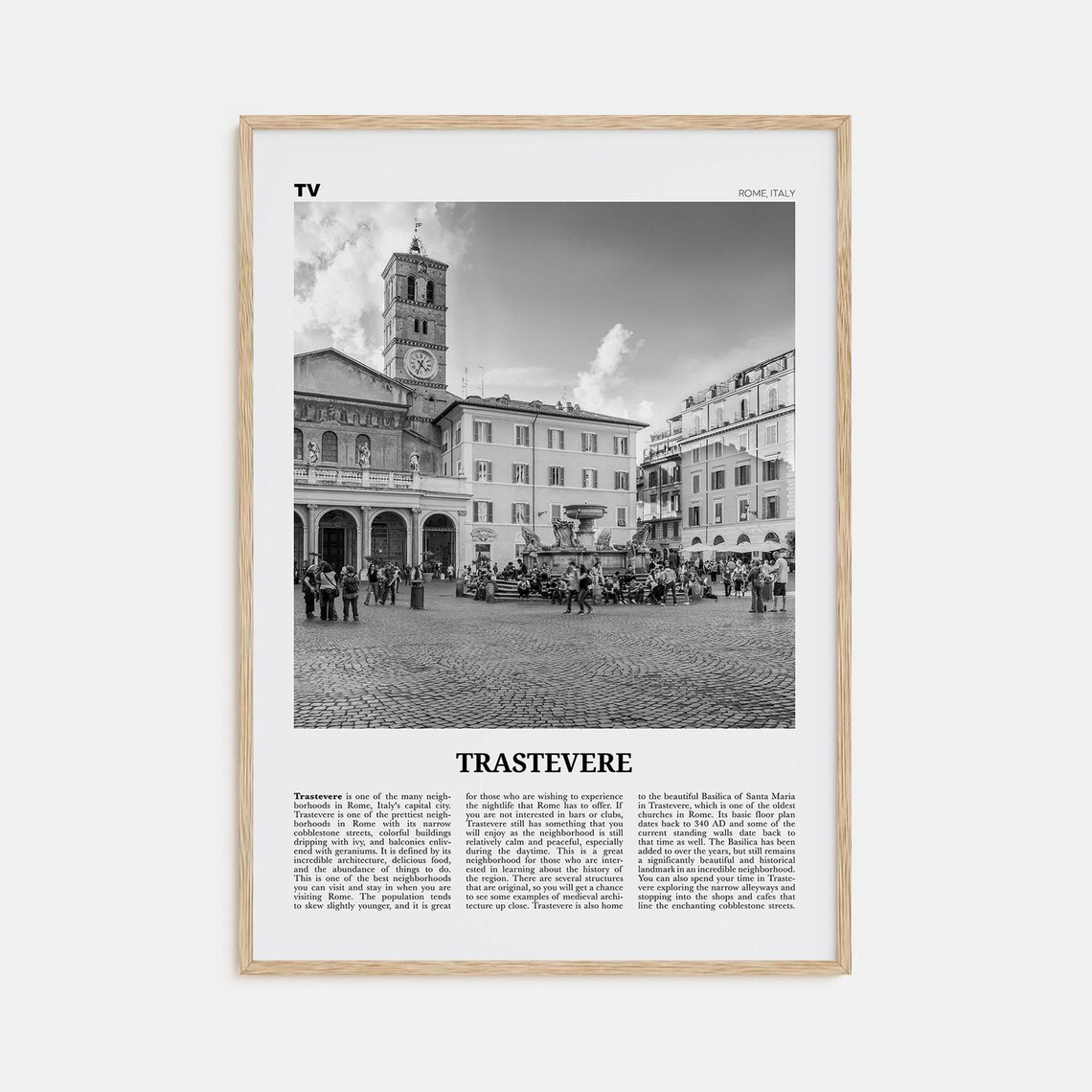 Trastevere Black and White Travel Poster, Rome