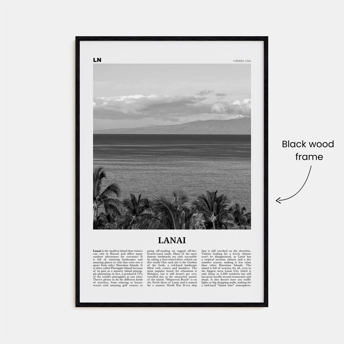 Lanai Black and White Map Travel Poster, Hawaii - Image 3