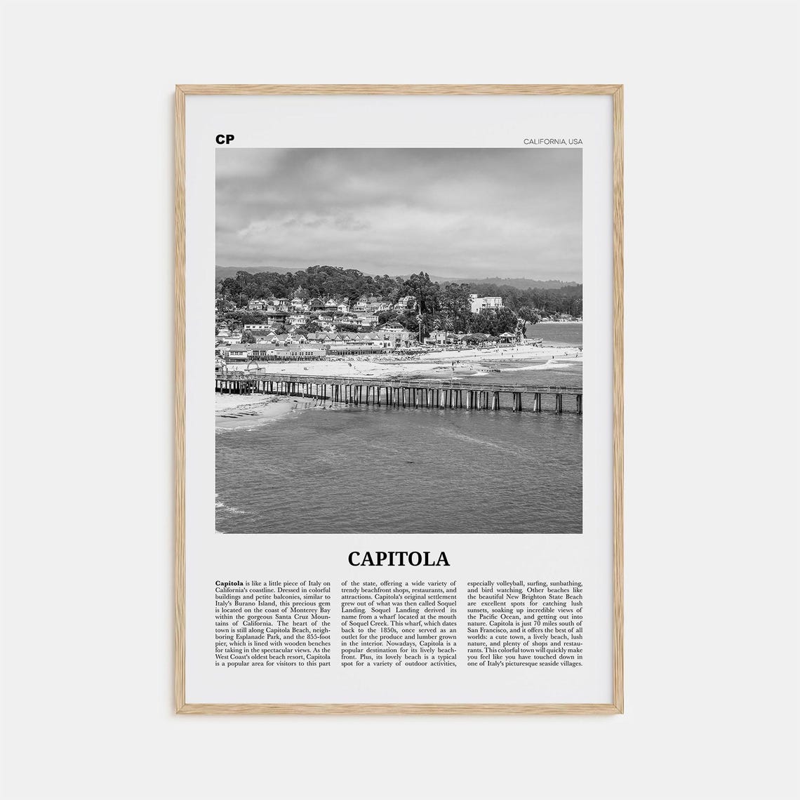 Capitola Black and White Travel Poster, California