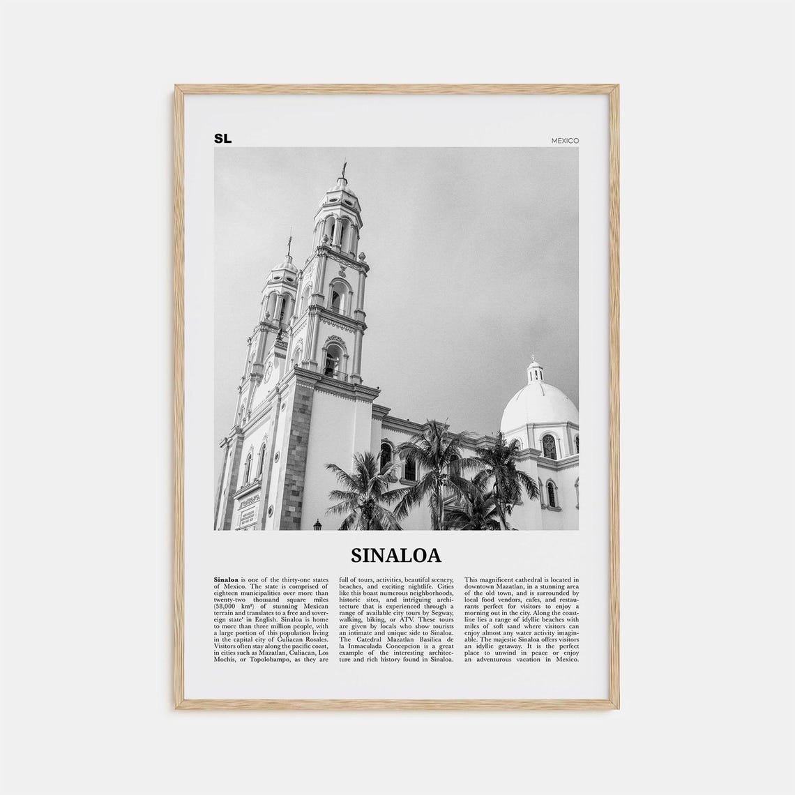 Sinaloa Black and White Map of Mexico Art Print